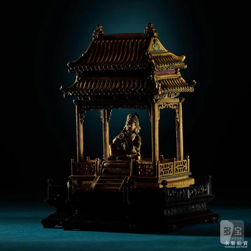 清康熙 （宫廷）铜鎏金黄财神填珐琅殿式佛龛（一组） - 图8
